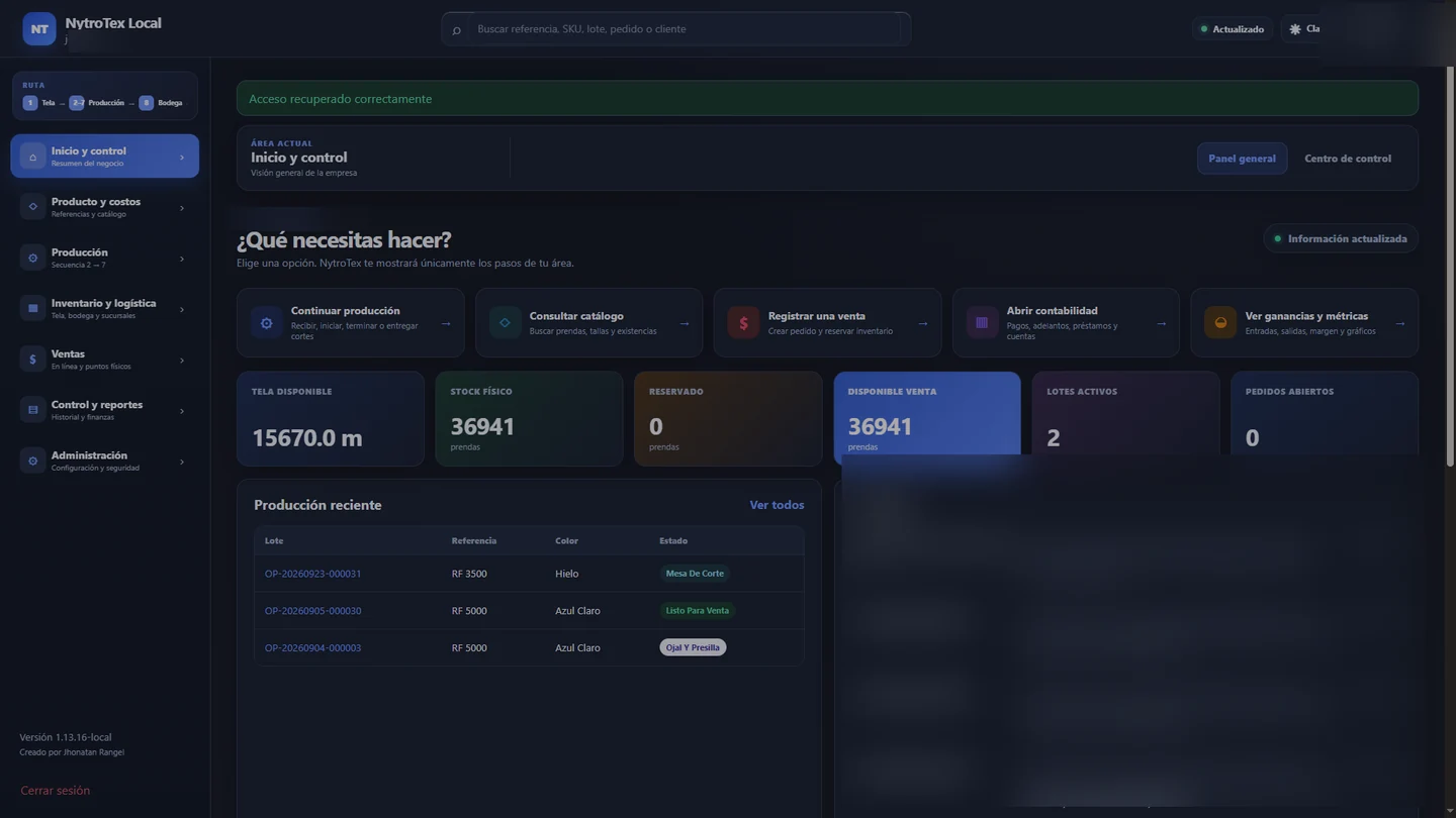 Captura real de NytroTex: Dashboard