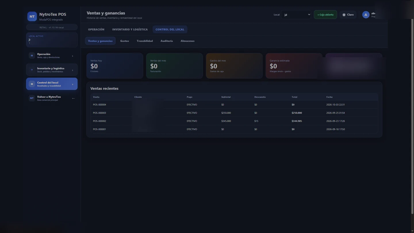 Ventas y ganancias, captura real de NytroTex